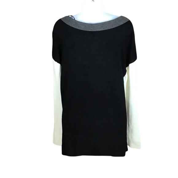 Vince Camuto Women’s Medium Colorblock Sweater Black Off White Button Shoulder - Picture 9 of 16
